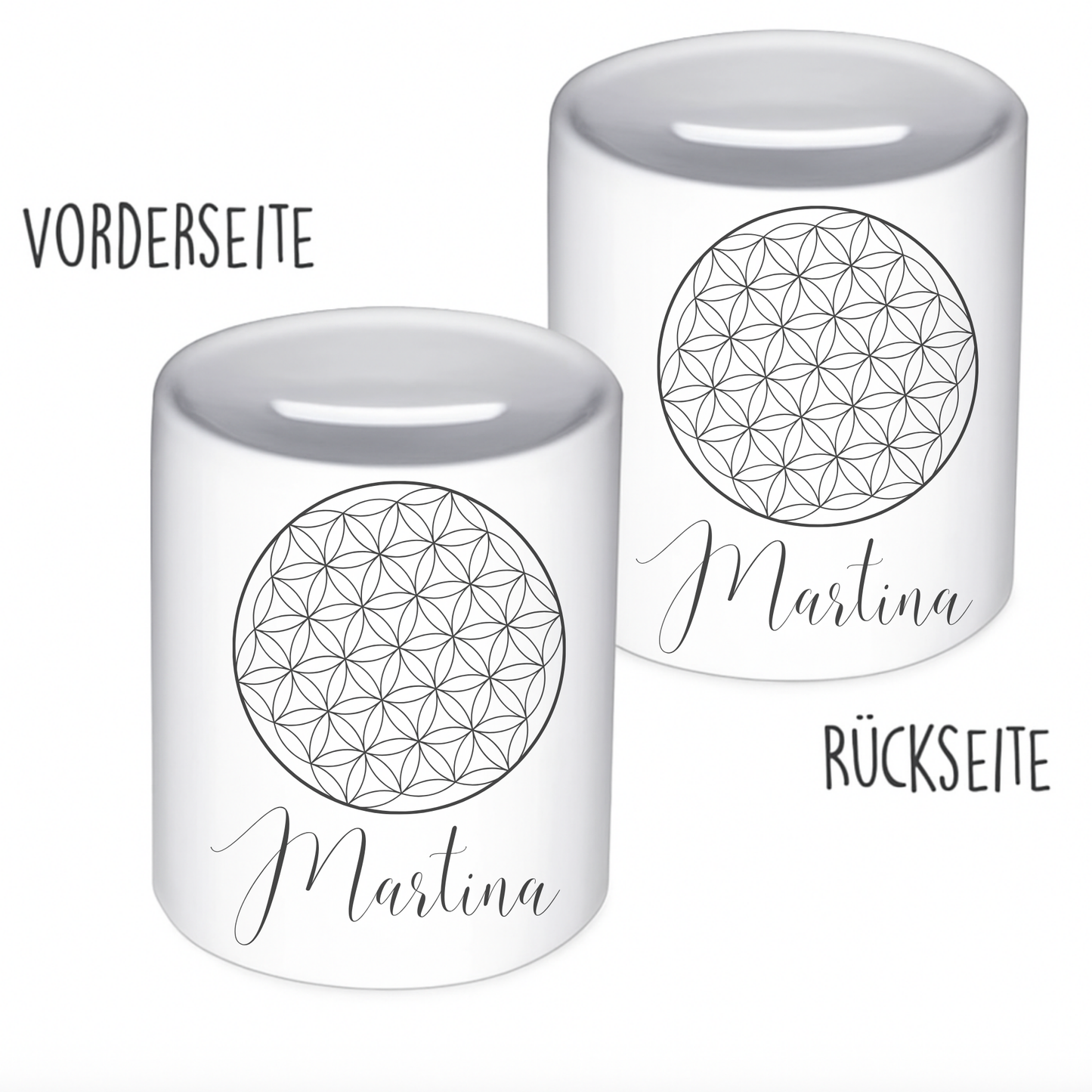 Personalisierte Keramik-Spardose mit Blume des Lebens – handgefertigt in Deutschland