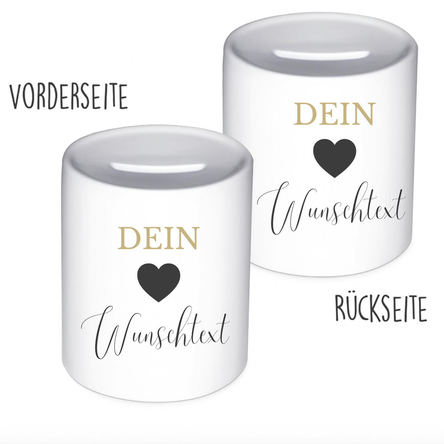 Personalisierte Spardose mit Herz und Wunschtext – handgefertigt in Deutschland