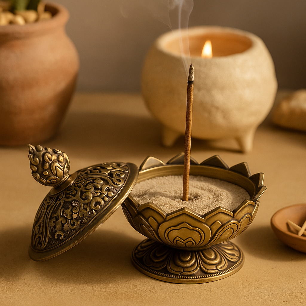 Räucherstäbchenhalter Lotus mit tibetischen Glückssymbolen