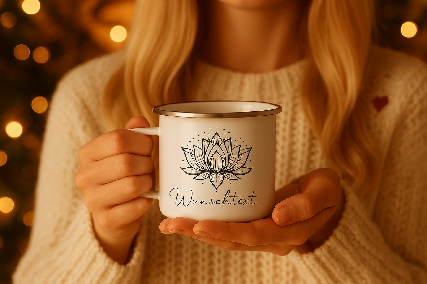 Personalisierte Emaille-Tasse mit Lotusblume – handgefertigt in Deutschland