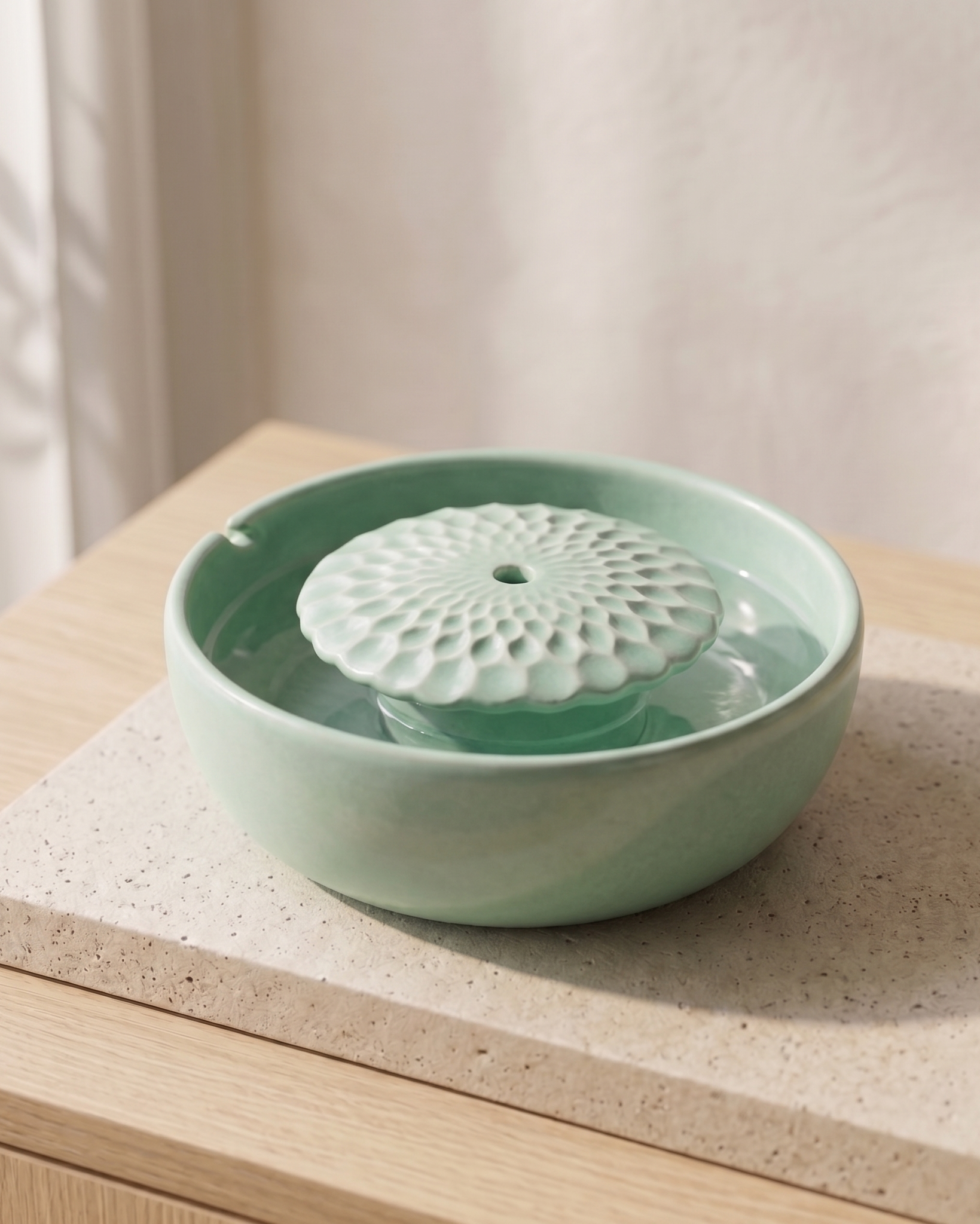 Handgefertigter Feng Shui Keramikbrunnen Blume Mint | Berlin Design