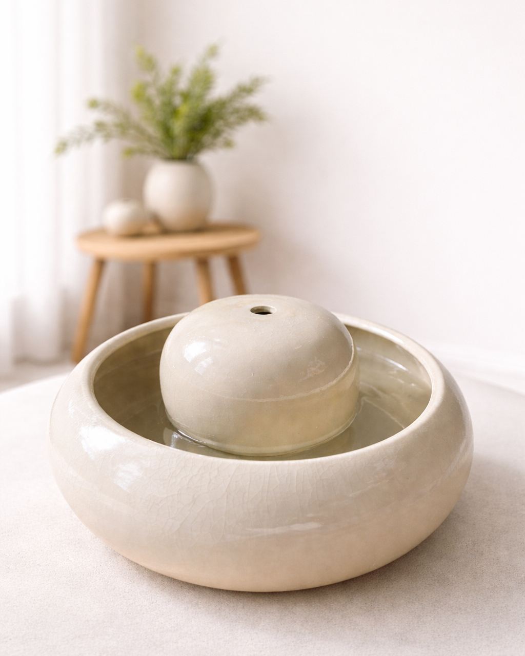 Handgefertigter Feng Shui Keramikbrunnen Creme | Berlin Design