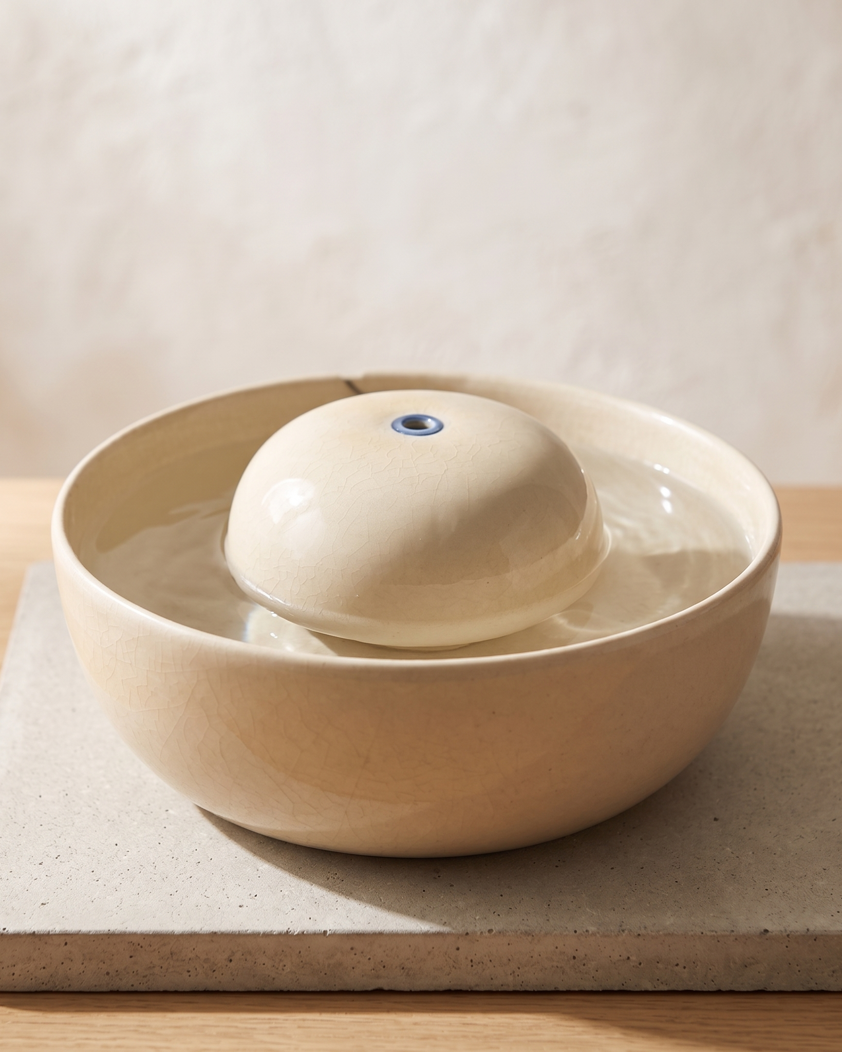 Feng Shui Keramikbrunnen Creme | Handgefertigter Zimmerbrunnen aus Berlin
