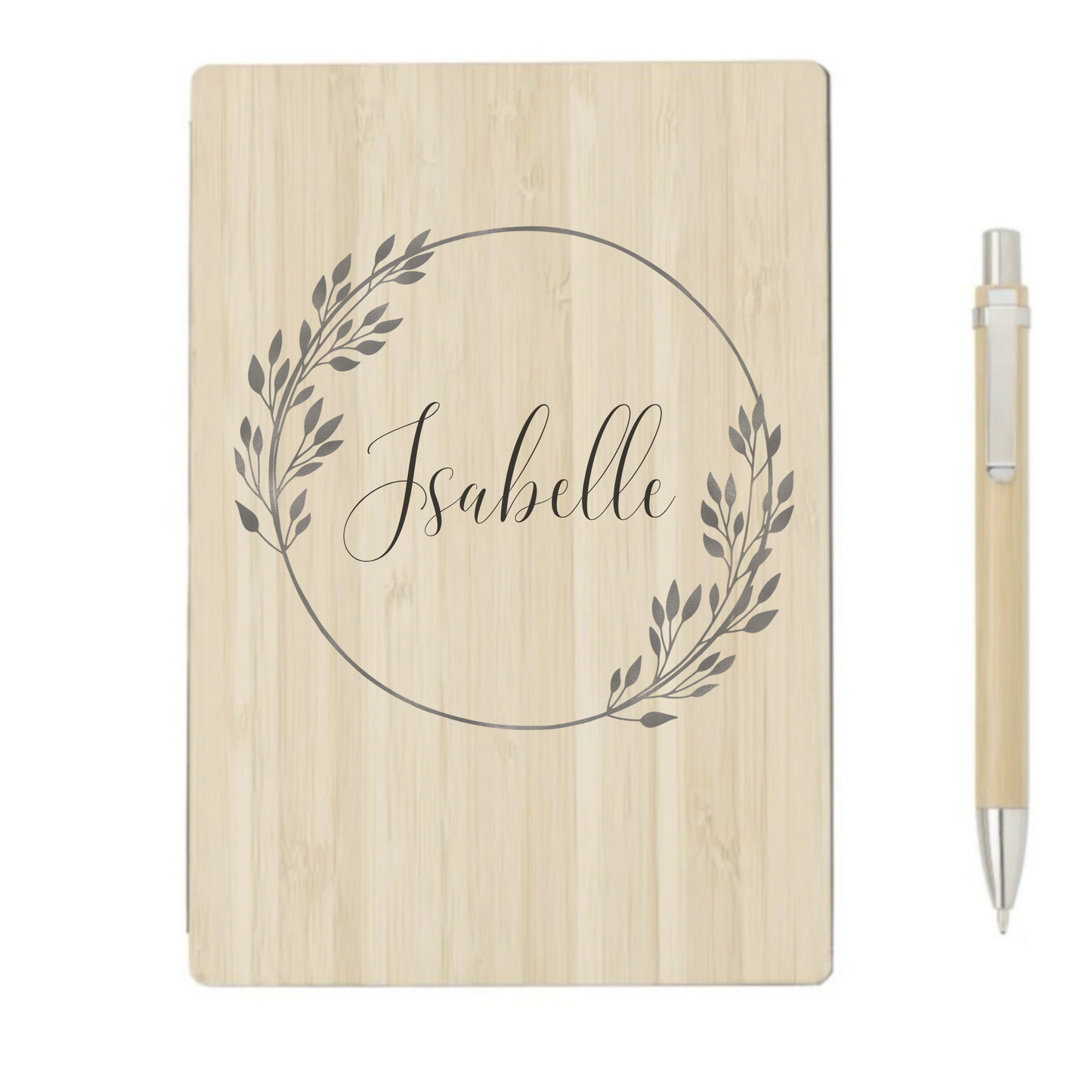 Personalisiertes Bambus-Notizbuch mit Blätterkranz