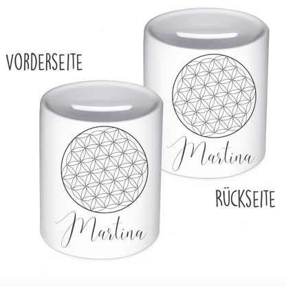Personalisierte Keramik-Spardose mit Blume des Lebens – handgefertigt in Deutschland