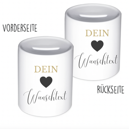 Personalisierte Spardose mit Herz und Wunschtext – handgefertigt in Deutschland