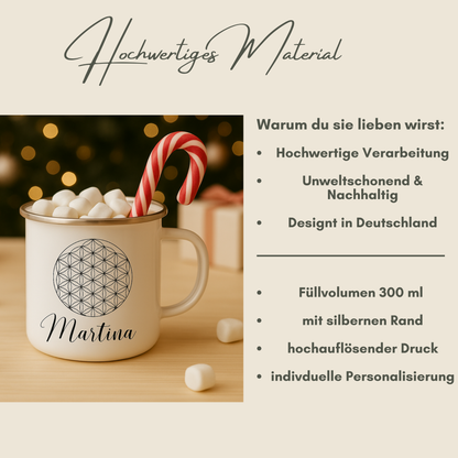 Personalisierte Emaille-Tasse mit Blume des Lebens – handgefertigt in Deutschland