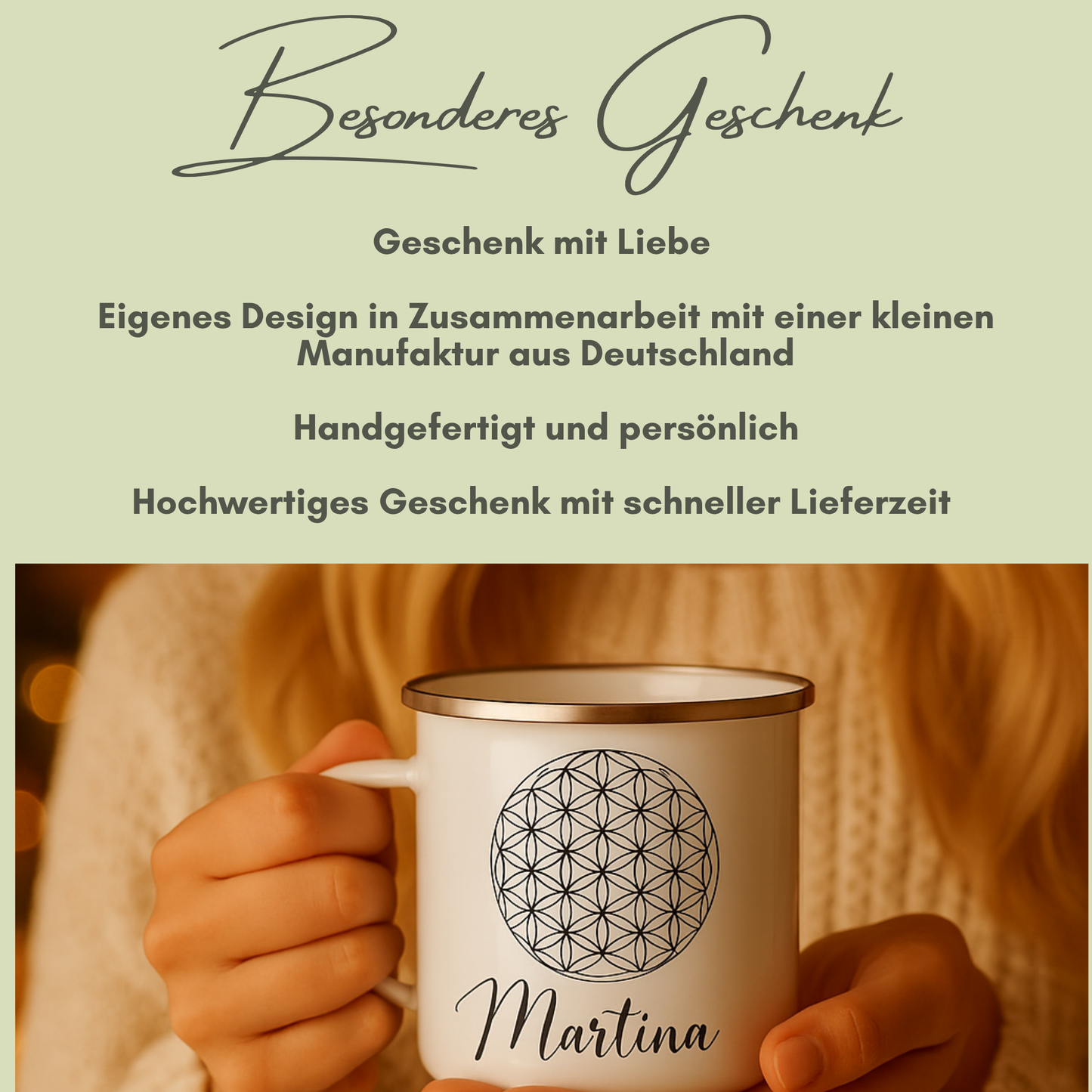 Personalisierte Emaille-Tasse mit Blume des Lebens – handgefertigt in Deutschland