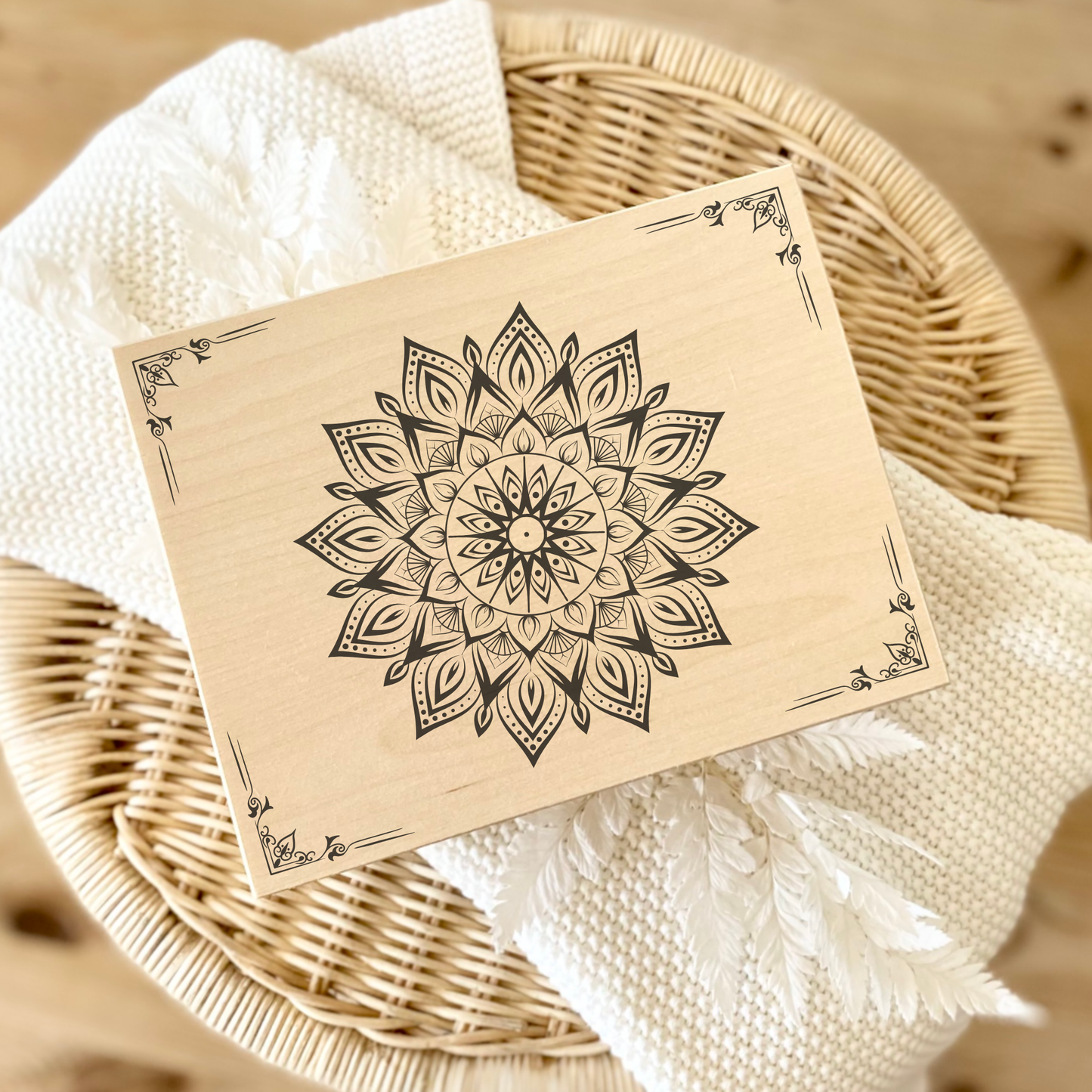 Holzkiste mit Mandala Gravur – Boho Aufbewahrung & Geschenkidee