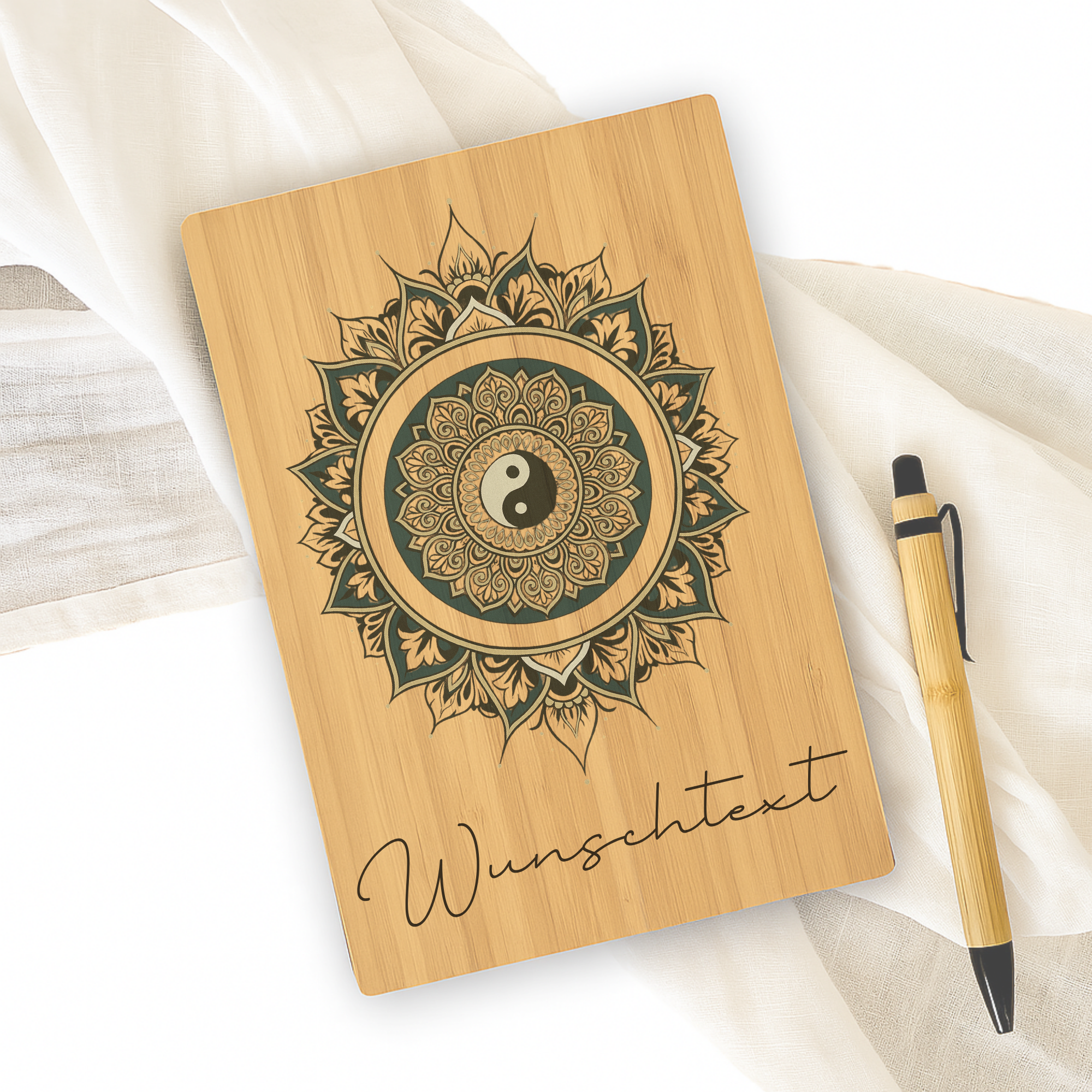 Personalisiertes Bambus Notizbuch „Yin Yang Mandala“ – Spirituelles Tagebuch für Balance & Fokus