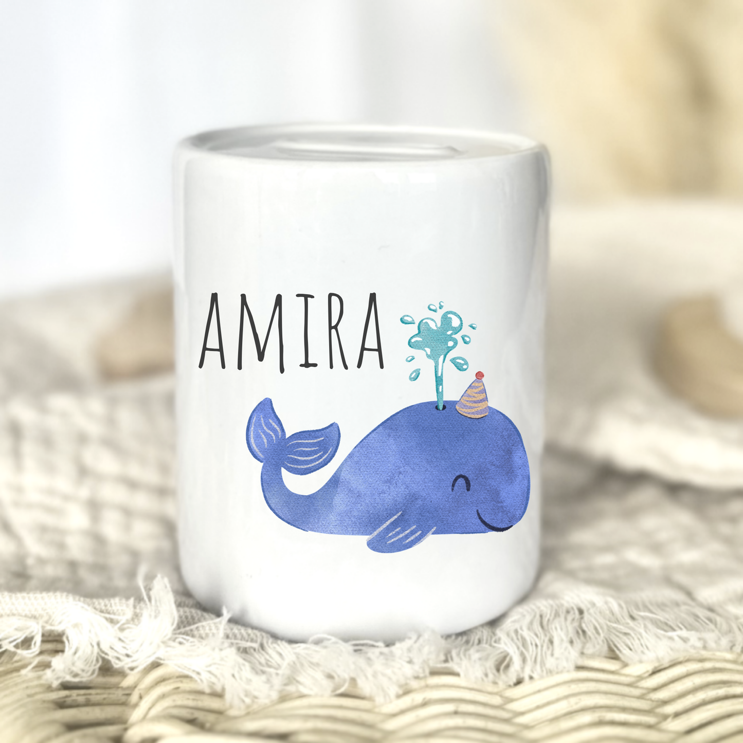 Personalisierte Keramik-Spardose mit Tiermotiv und Namen – Geschenk zur Geburt oder Taufe