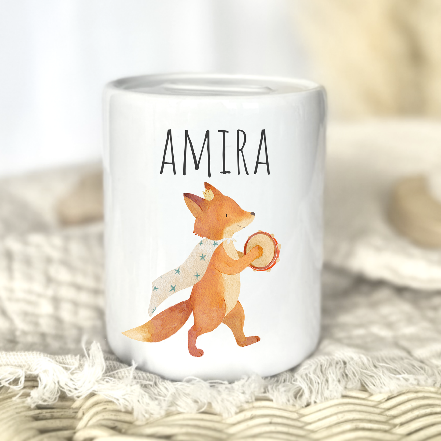 Personalisierte Keramik-Spardose mit Tiermotiv und Namen – Geschenk zur Geburt oder Taufe