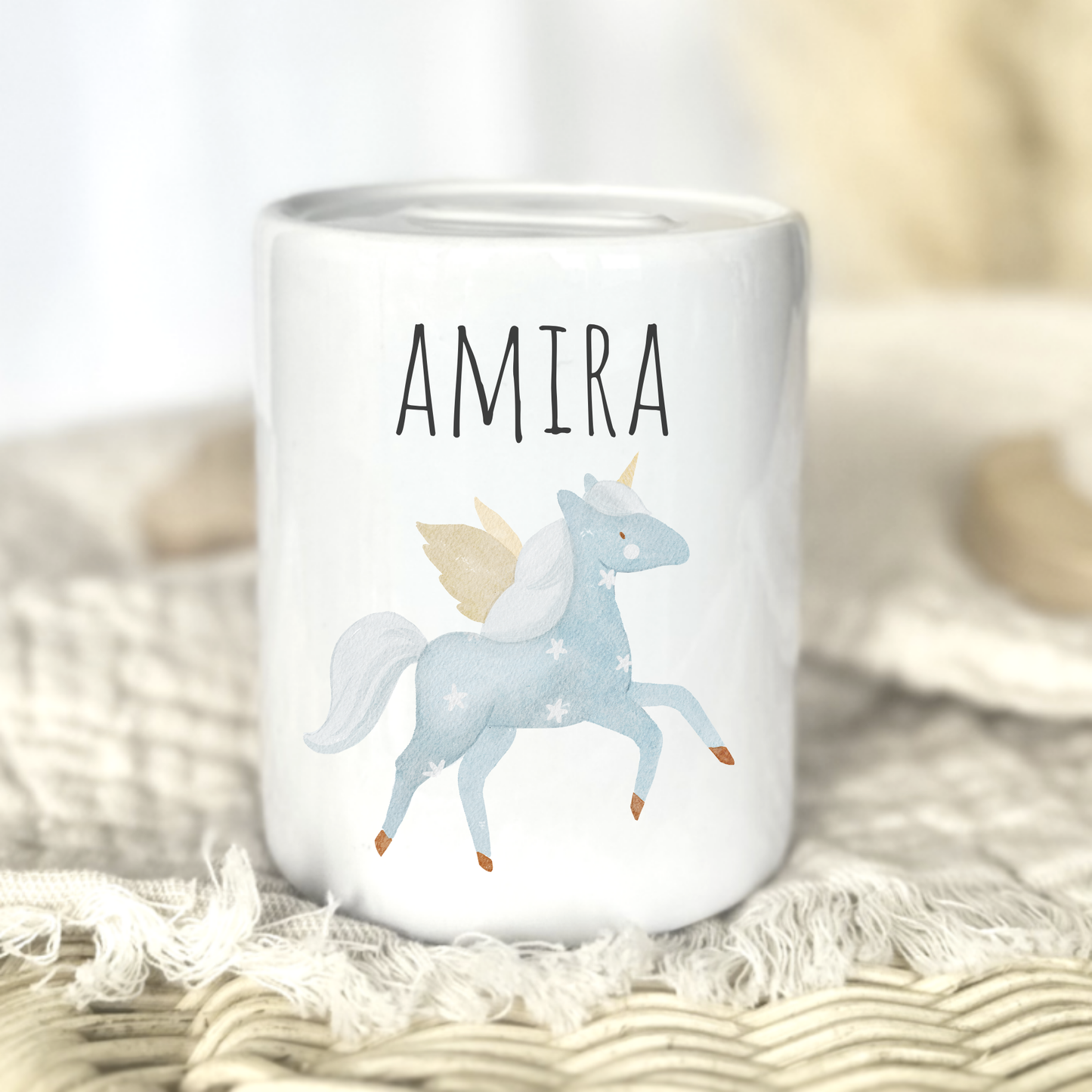 Personalisierte Keramik-Spardose mit Tiermotiv und Namen – Geschenk zur Geburt oder Taufe