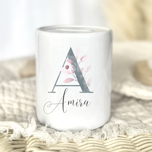 Personalisierte Keramik-Spardose mit Initiale und Namen – handgefertigt in Deutschland