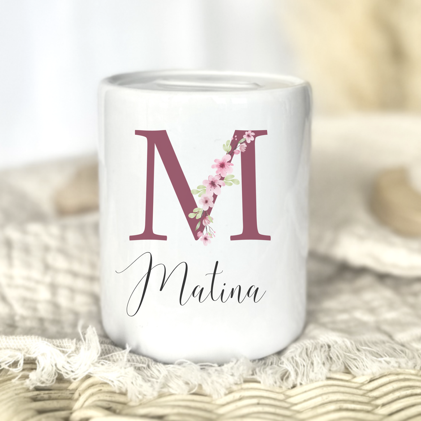 Personalisierte Keramik-Spardose mit Initiale und Namen – handgefertigt in Deutschland