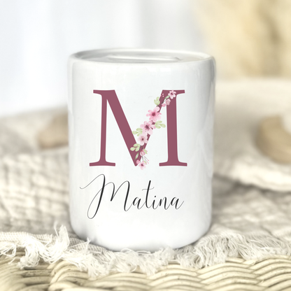 Personalisierte Keramik-Spardose mit Initiale und Namen – handgefertigt in Deutschland