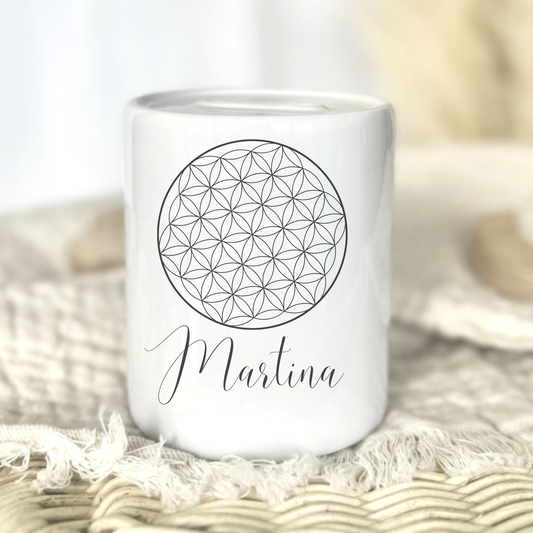 Personalisierte Keramik-Spardose mit Blume des Lebens – handgefertigt in Deutschland