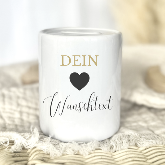 Personalisierte Spardose mit Herz und Wunschtext – handgefertigt in Deutschland