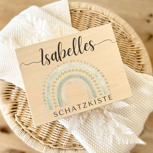 Personalisierte Holzkiste mit Name & Regenbogen – Geschenk