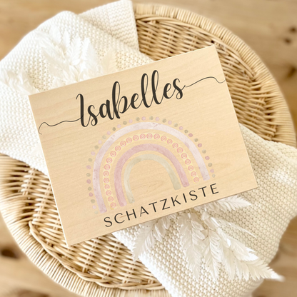 Personalisierte Holzkiste mit Name & Regenbogen – Geschenk