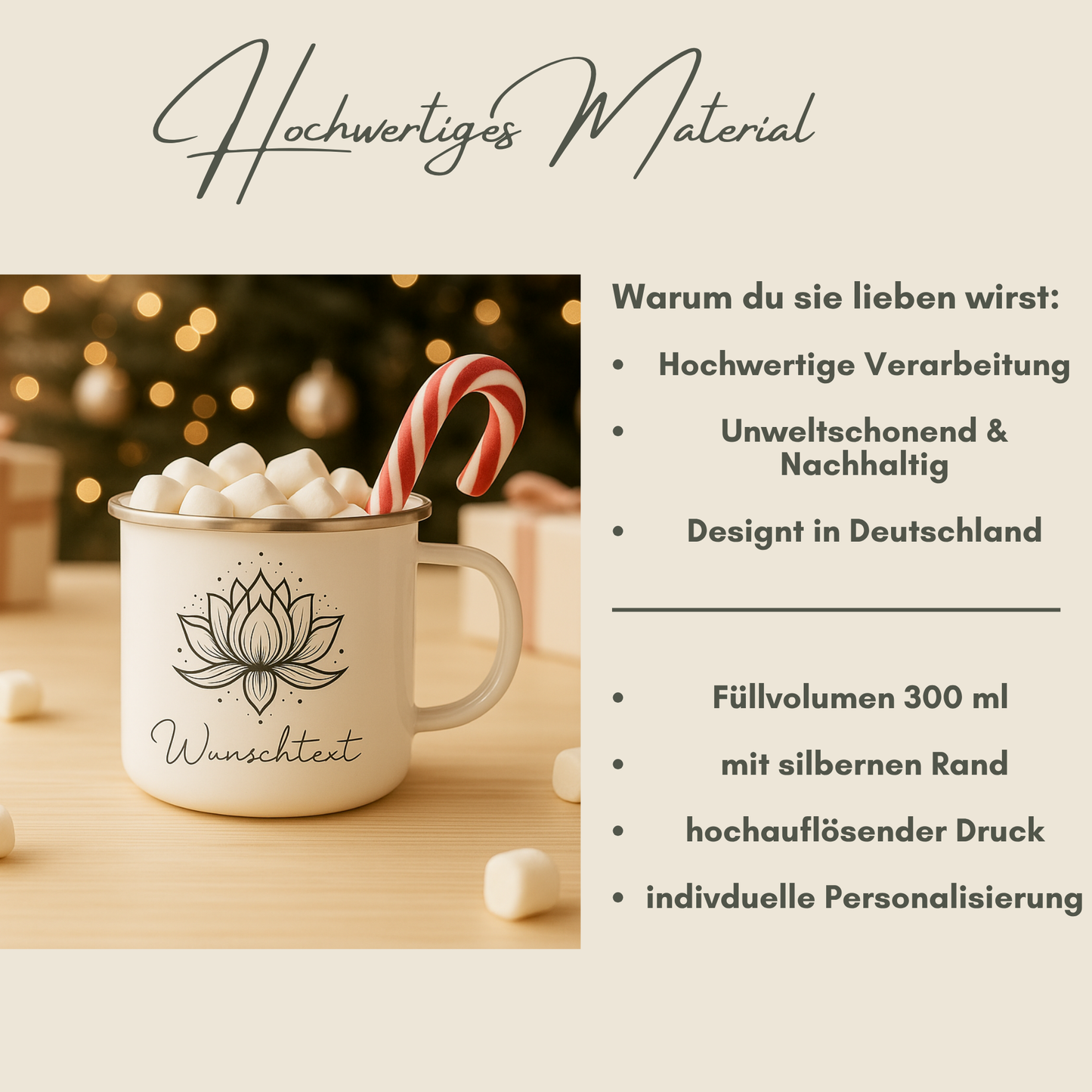 Personalisierte Emaille-Tasse mit Lotusblume – handgefertigt in Deutschland