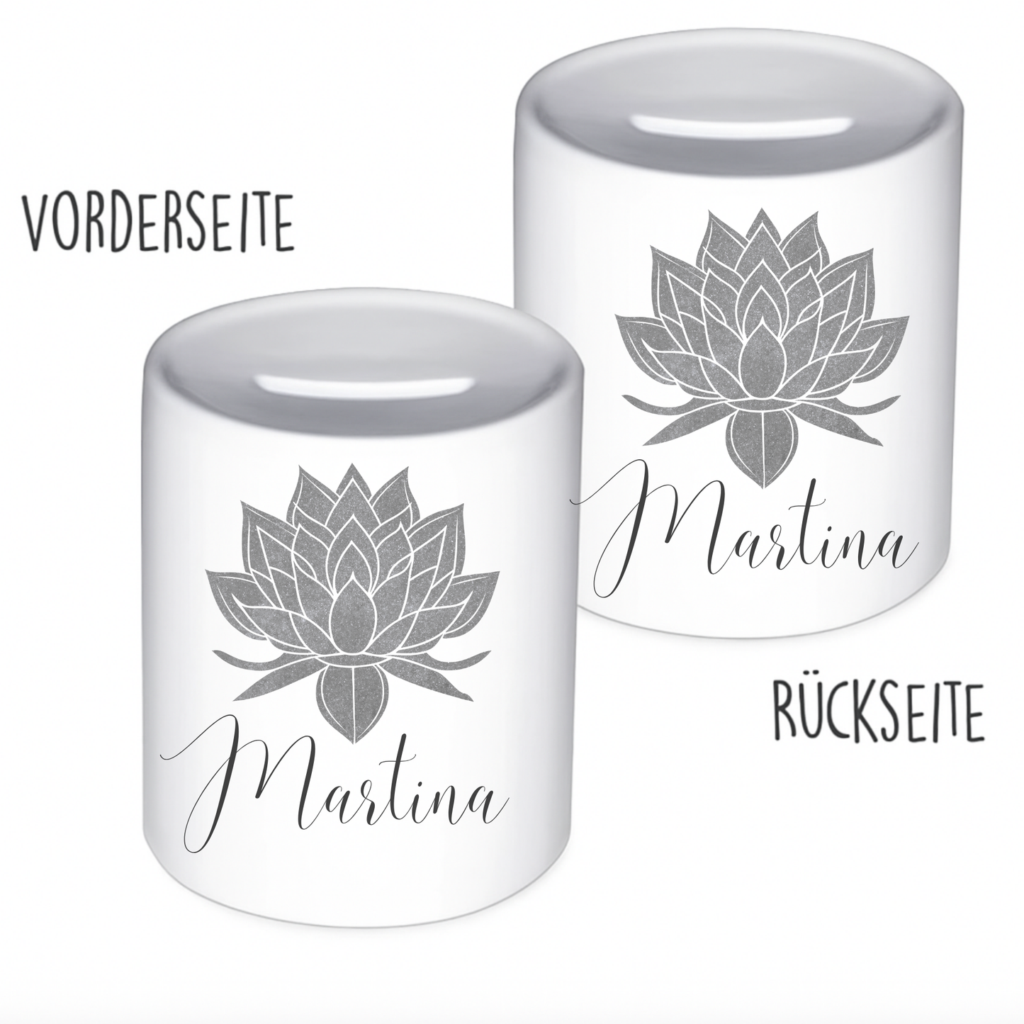 Personalisierte Keramik-Spardose mit Lotusblume – handgefertigt in Deutschland