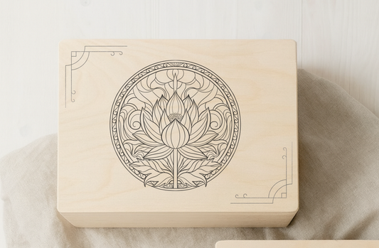 Holzkiste mit Lotusdruck – Symbol für Reinheit, Wachstum und innere Stärke