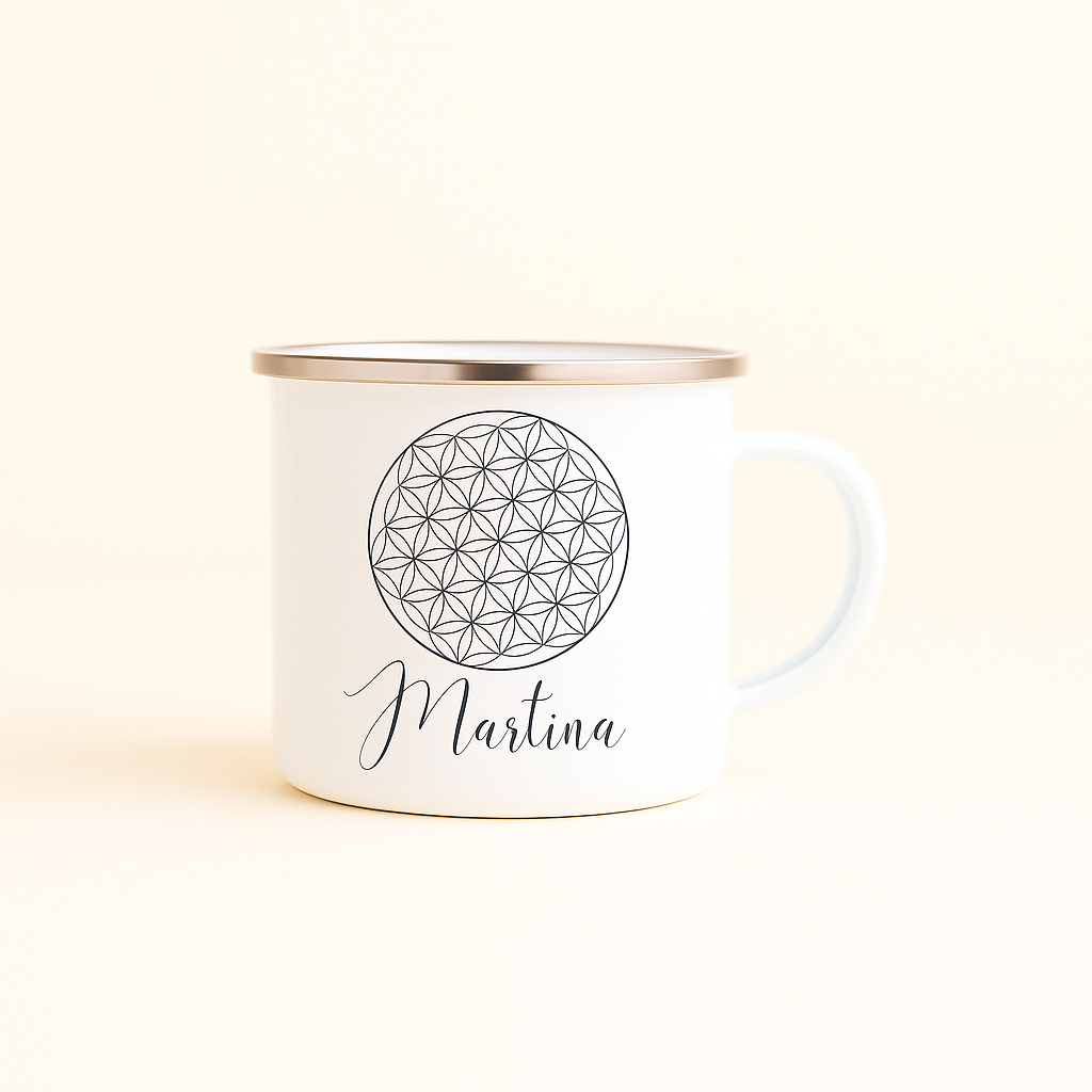 Personalisierte Emaille-Tasse mit Blume des Lebens – handgefertigt in Deutschland