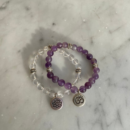 Armband mit Blume des Lebens, Bergkristall und Amethyst: Harmonie und Klarheit