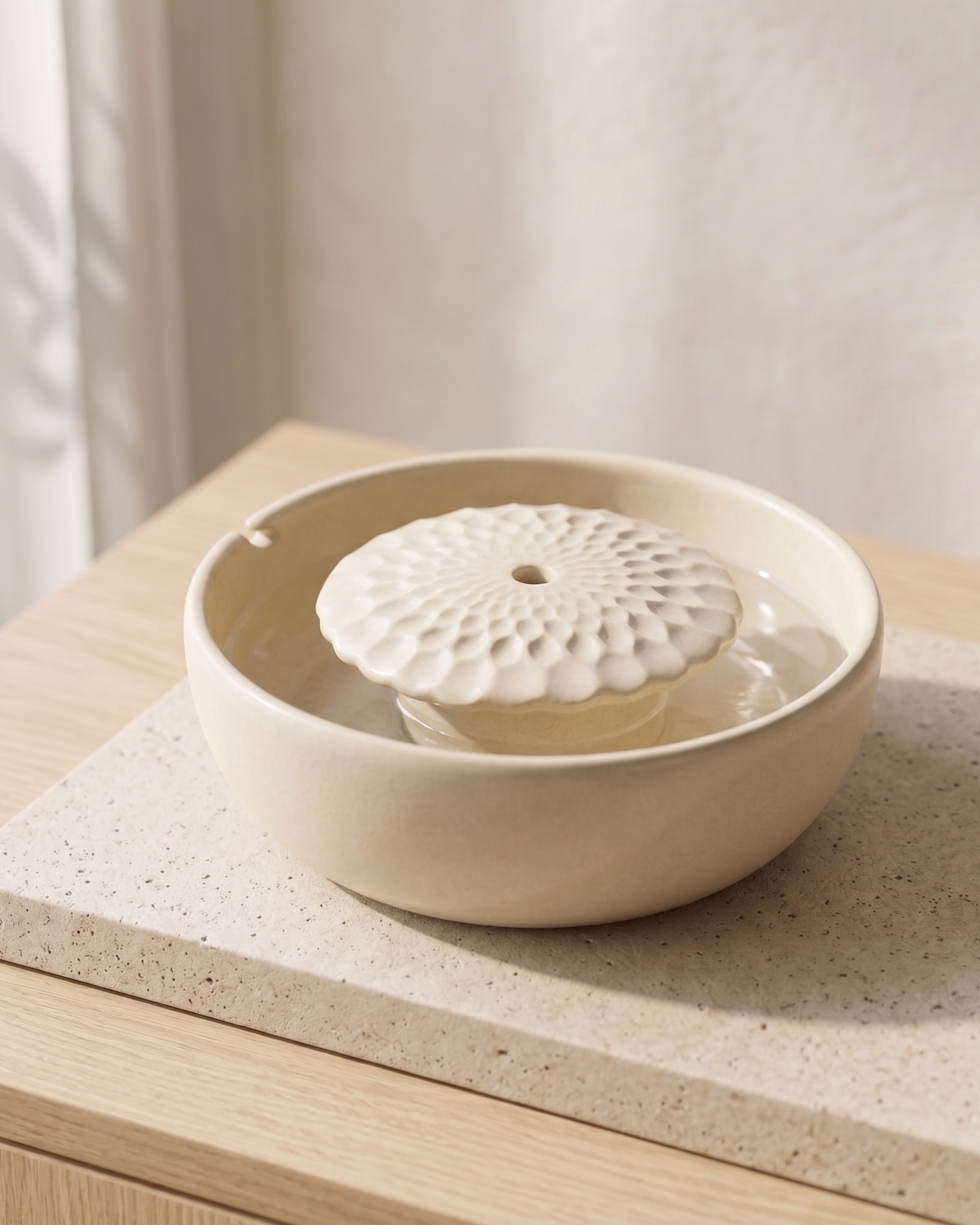 Handgefertigter Feng Shui Keramikbrunnen Blume Creme | Berlin Design