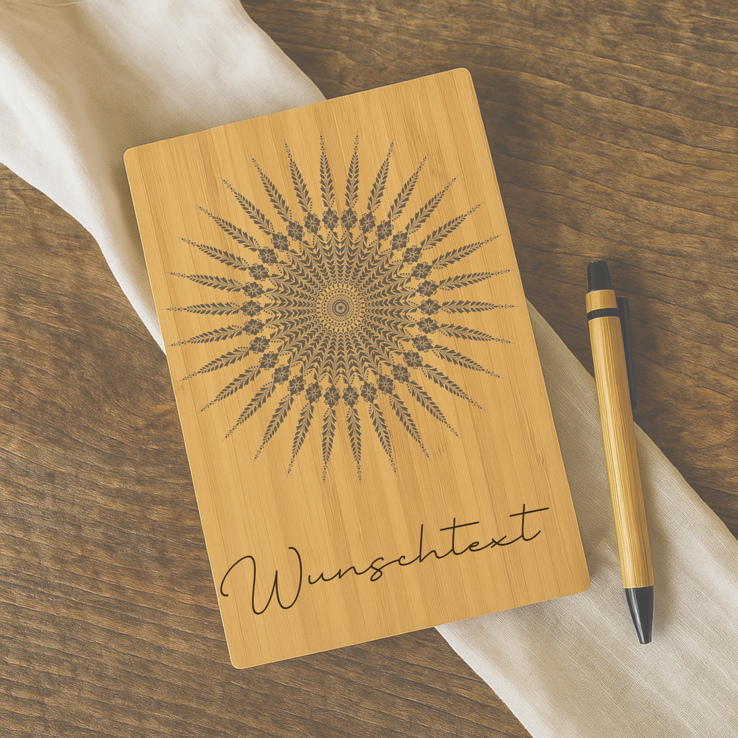 Personalisiertes Bambus-Notizbuch mit Sonnen-Mandala